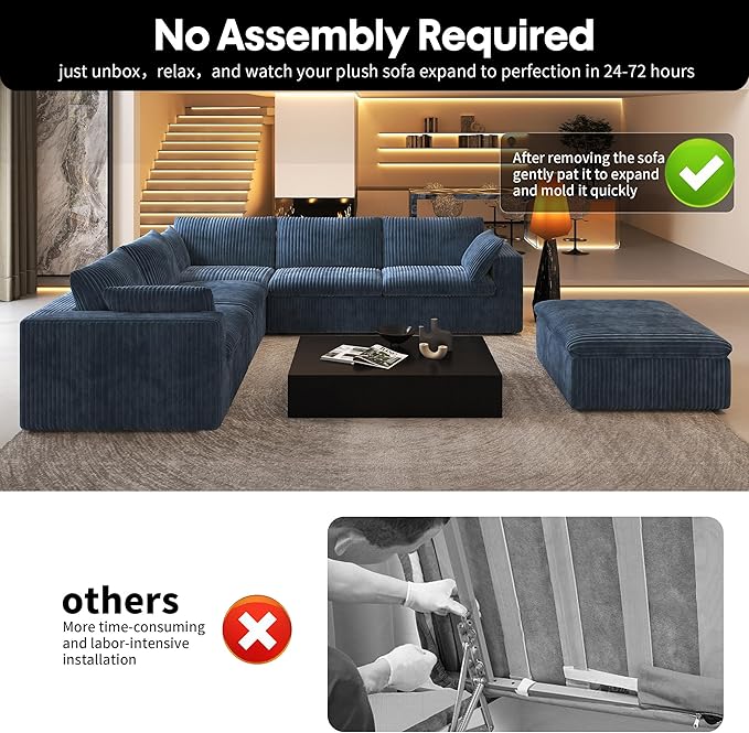 118" 6-Seater Cloud Sofa,Modular Sectional Couch with Ottoman,Modern Deep Seat Upholstered Couches with Plush Corduroy Fabric for Living Room Furniture,Bedroom and Apartment,No Assembly Required,Blue-CasaMuseHome