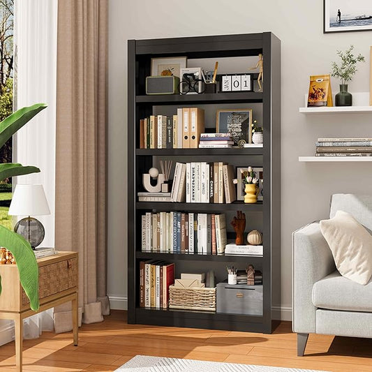 5 Tier Adjustable Black Bookcase, Metal Small Bookshelves and Bookcases, 61" H Display Modern Bookshelf for Living Rooms, Bedrooms, Home Offices, 10 Minutes Assemble-CasaMuseHome