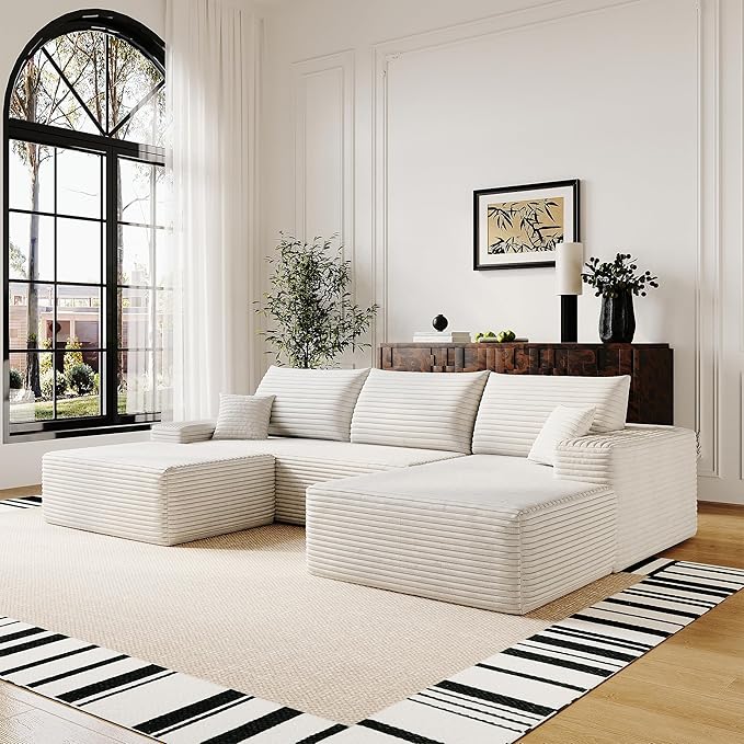 108" Sectional Couches for Living Room Modern Modular Sofa with L-Shape Couchs Upholstered Boneless Couch Deep Seat Sectional Couch with Chaise (White, Right Facing Chaise+2Seaters+1Ottoman)-CasaMuseHome