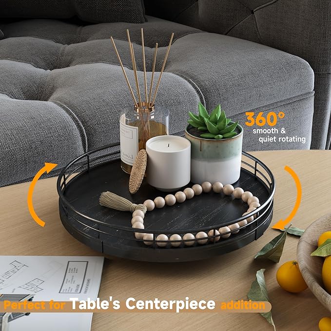 9" Oak Bathroom Vanity Tray Turntable for Perfume Candle, Round Wooden Decorative Tray for Kitchen Sink Countertop Organizer, Bathroom Counter Organizer for Skincare Makeup, Farmhouse Black Gold-CasaMuseHome