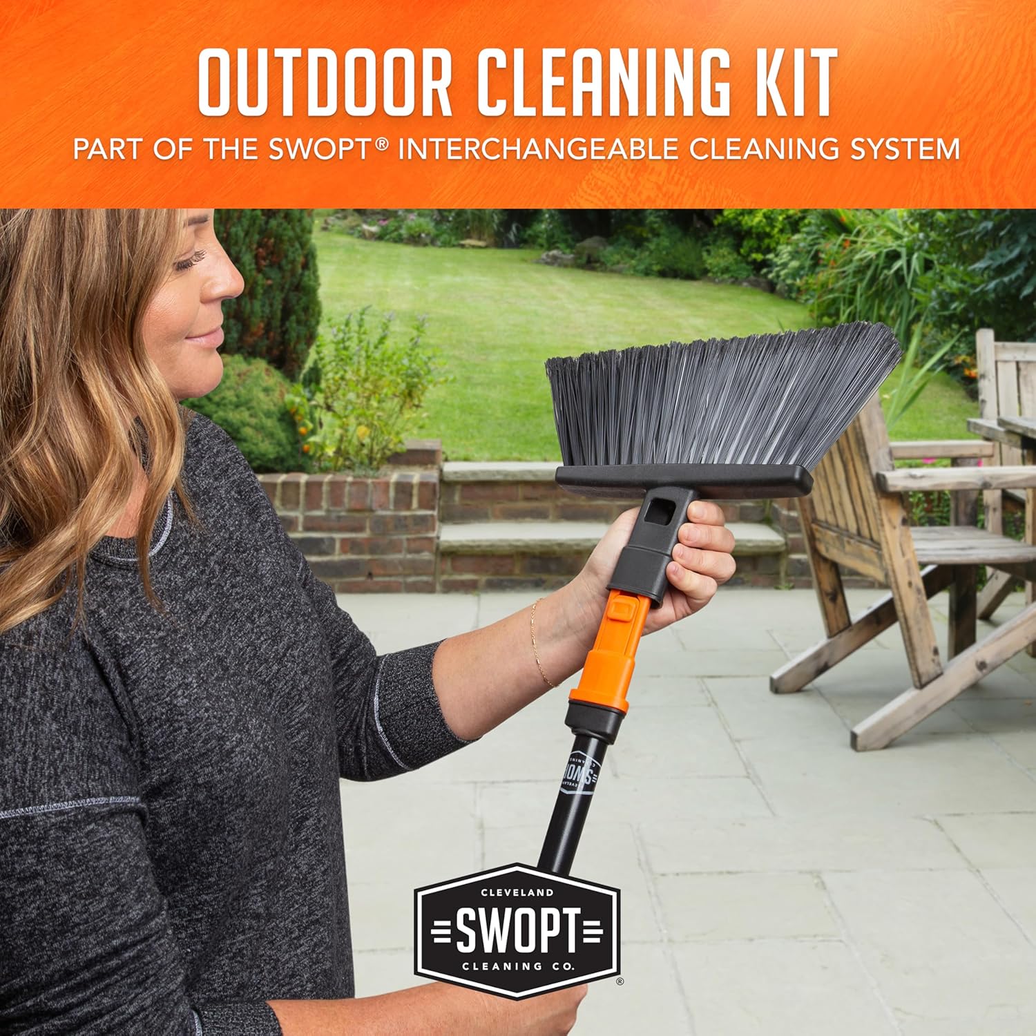 SWOPT Angled Broom Head + Push Broom Head + 17” Steel Dustpan – Multi-Surface Cleaning Kit Interchangeable with All SWOPT Cleaning Products for More Efficient Cleaning and Storage