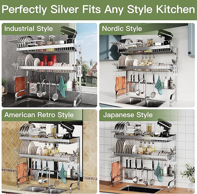3 Tier Extra Large Stainless Steel Expandable Over The Sink Dish Drainer Drying Rack, Rust Proof Metal, Space Saving, Modern Silver Big Capacity Extendable Plate Strainers Above Kitchen Counter-CasaMuseHome