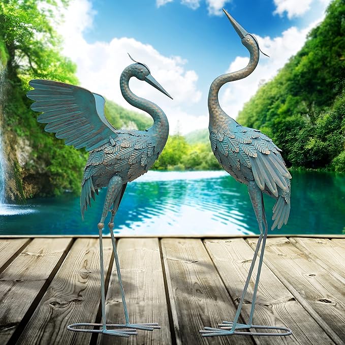 33-37 Inch Metal Crane Garden Statue Décor, Bird Garden Sculpture & Statues, Outdoor Decoration for Yard Patio Lawn Backyard Pool, Vintage Spread Wings Crane, Set of 2-CasaMuseHome