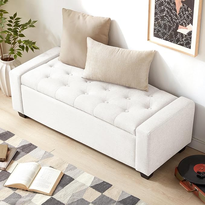 48" Ottoman with Storage, White Storage Ottoman Bench with Safety Hinge, Upholstered Entryway Bench with Seating for Bedroom, Living Room, Holds up to 330 lb-CasaMuseHome
