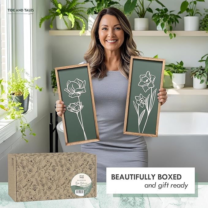 3D Floral Green Wall Art (Set of 2) Lightweight, Wooden Ready-to-Hang Boho Framed Wall Art for Bathroom, Bedroom, Living Room or Office – Premium Sage Green Farmhouse Decor – Gift-Boxed-CasaMuseHome