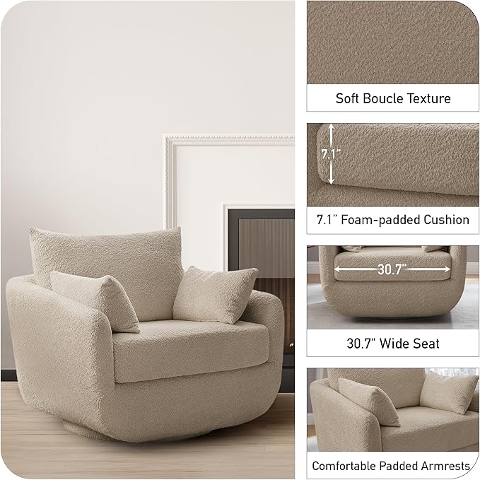 360° Swivel Accent Armchair, 39.3" Oversized, Sherpa Boucle Fabric Sofa Chair with Removable Back & Arm Pillows, Swivel Chair with Cozy Soft Padded, No Assembly Required (1, Camel)-CasaMuseHome