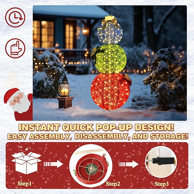 5FT Lighted Pop Up Stackable Ornaments for Christmas Decoration, 3D Pre-Lit Decor with 210 LED Lights with Easy Pop-Up Design, Freestanding Glittered Holiday Display for Outdoor, Indoor-CasaMuseHome
