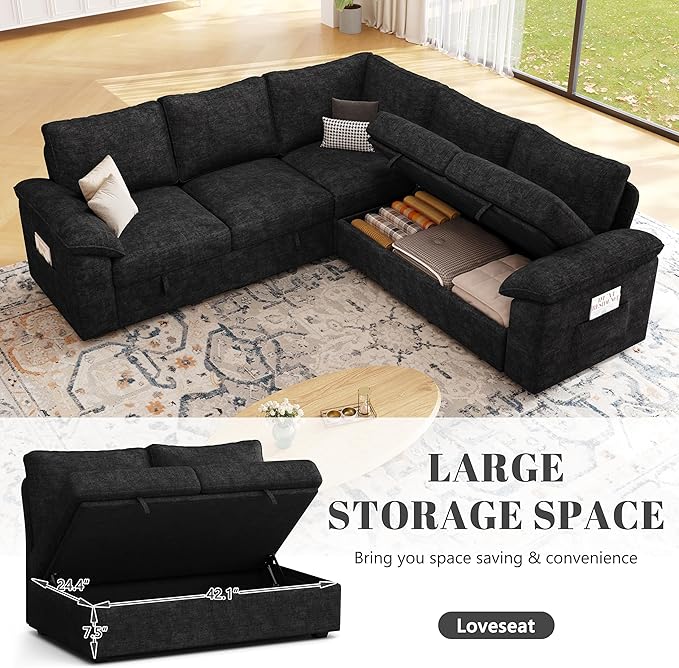 85 Inch Modular Sectional Sofa with Pull Out Bed,L Shaped 5 Seat Sectional Sleeper Sofa with Storage,Sectional Couches for Living Room,Cloud Modular Couch,Removable Sofa Cover,Black-CasaMuseHome