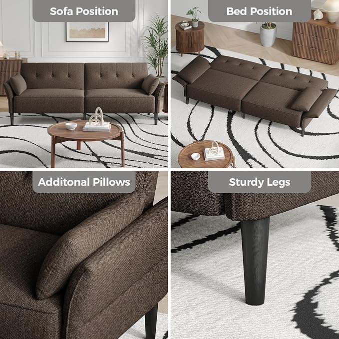 89” Futon Sofa Bed, Linen Comfy Futon Couch Bed with 2 Square Pillows, Convertible Sleeper Sofa with Adjustable Backrest& Armrests, Modern Loveseat Sleeper for Living Room, Bedroom, Brown-CasaMuseHome
