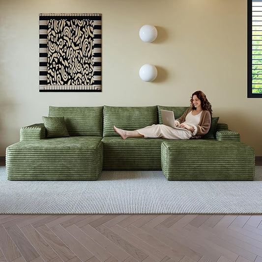 108" Sectional Couches for Living Room Modern Modular Sofa with L-Shape Couchs Upholstered Boneless Couch Deep Seat Sectional Couch with Chaise (Green, Left Facing Chaise+2Seaters+1Ottoman)-CasaMuseHome