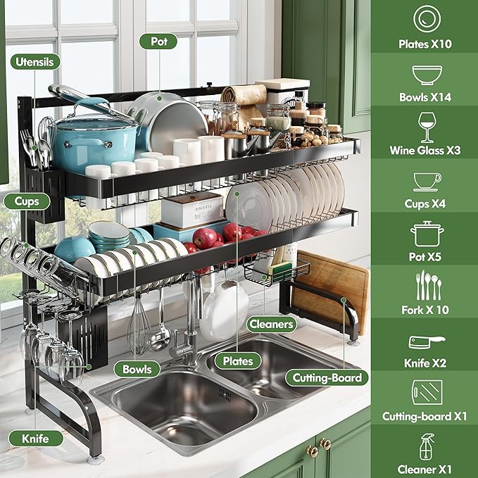 3 Tier Extra Large Stainless Steel Expandable Over The Sink Dish Drainer Drying Rack, Rust Proof Metal, Space Saving, Modern Black Big Capacity Extendable Plate Strainers Above Kitchen Counter-CasaMuseHome