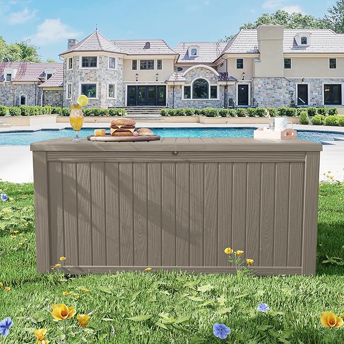 270 Gallon Outdoor Storage Box Patio Deck Box Waterproof, Resin Lockable Outside Large Storage Bin for Pool Cushion Furniture, Garden Tools UV-Resistant, Grey-CasaMuseHome