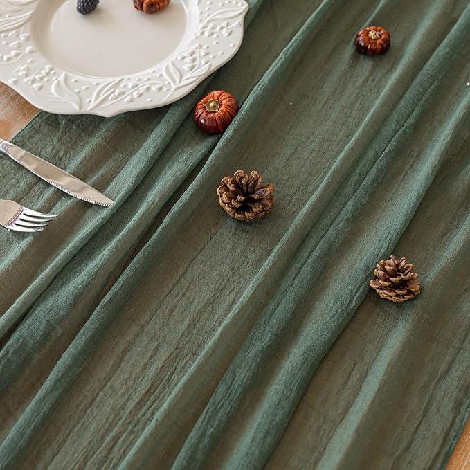 6Pcs Forest Green Gauze Rustic Cheesecloth Table Runner 120 Inch 10 FT for Wedding Baby Shower Bridal Shower Birthday Engagement Garden Outdoor Party Long Sheer Boho Decorations-CasaMuseHome