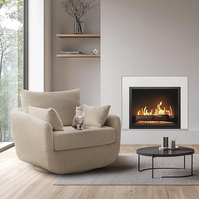 360° Swivel Accent Armchair, 39.3" Oversized, Sherpa Boucle Fabric Sofa Chair with Removable Back & Arm Pillows, Swivel Chair with Cozy Soft Padded, No Assembly Required (1, Camel)-CasaMuseHome