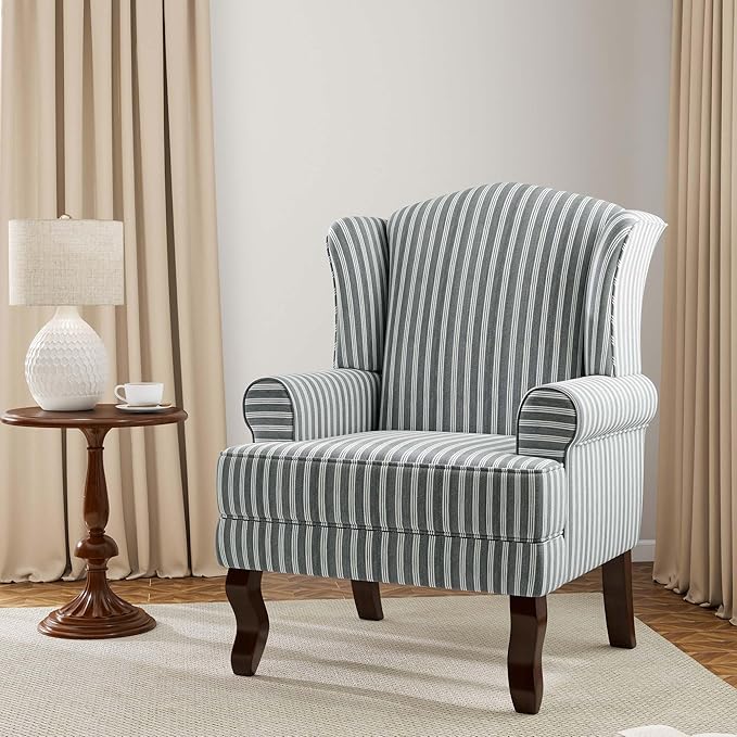 Accent Chair, High Back Upholstered Armchair with High Resilience Sponge & Wood Legs, Mid-Century Modern Comfy Single Sofa Reading Chairs for Living Room, Bedroom (Stripe Grey, Set of 1)-CasaMuseHome