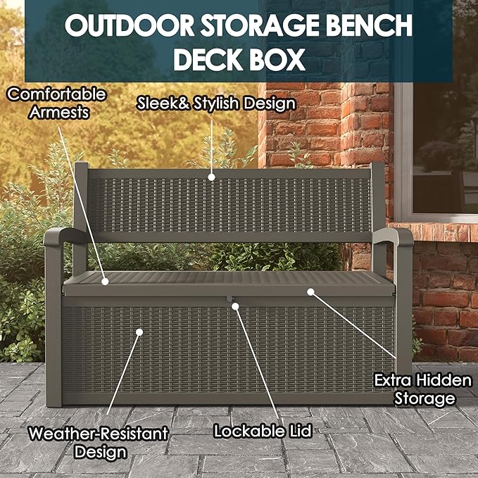 70 Gallon Storage Bench Deck Box for Patio Furniture with Armrest Bench Outdoor Storage-CasaMuseHome
