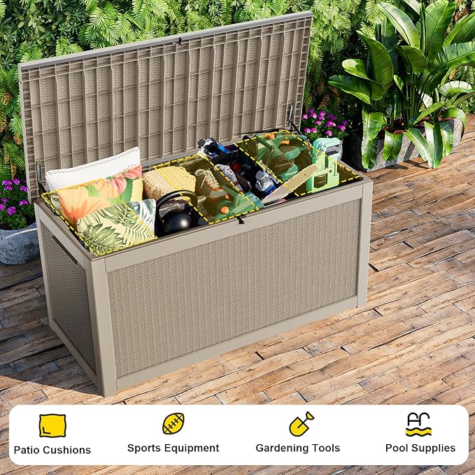 260 Gallon Outdoor Deck Box,Storage Lockable Waterproof Patio Furniture,Garden Tools,Cushions,Pool Accessories Outside Storage Resin Box(Grey)-CasaMuseHome