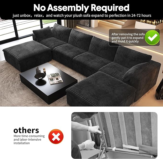157.5" U Shaped Modern Sofa Modular Sectional Cloud Couch with 2 Ottoman,Deep Seat Upholstered Couches with Corduroy Fabric for Living Room Furniture,Bedroom and Apartment,No Assembly Required,Black-CasaMuseHome