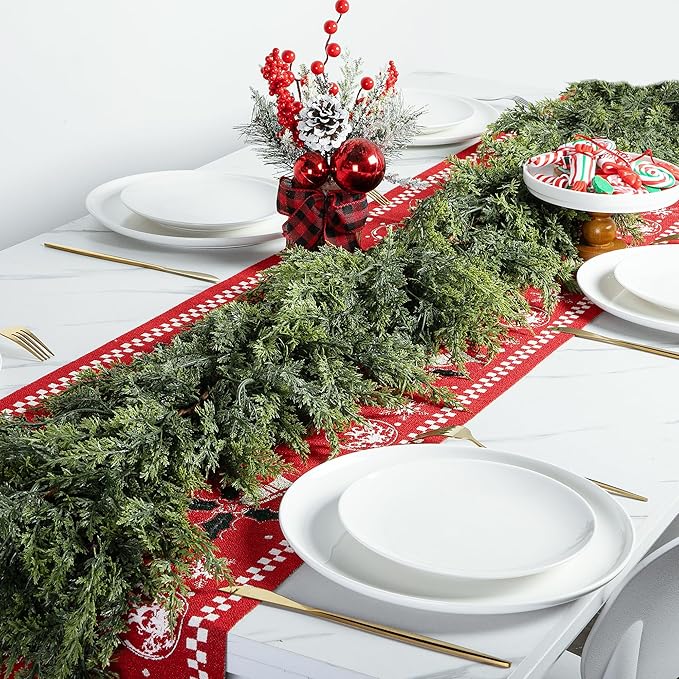 2 Pcs Christmas Norfolk Pine Garlands, 6 Ft Double Color Real Touch Artificial Cedar Garland, Faux Pine Cypress Greenery Garland Ornaments for Mantle Fireplace Table Indoor Outdoor Xmas Decoration-CasaMuseHome