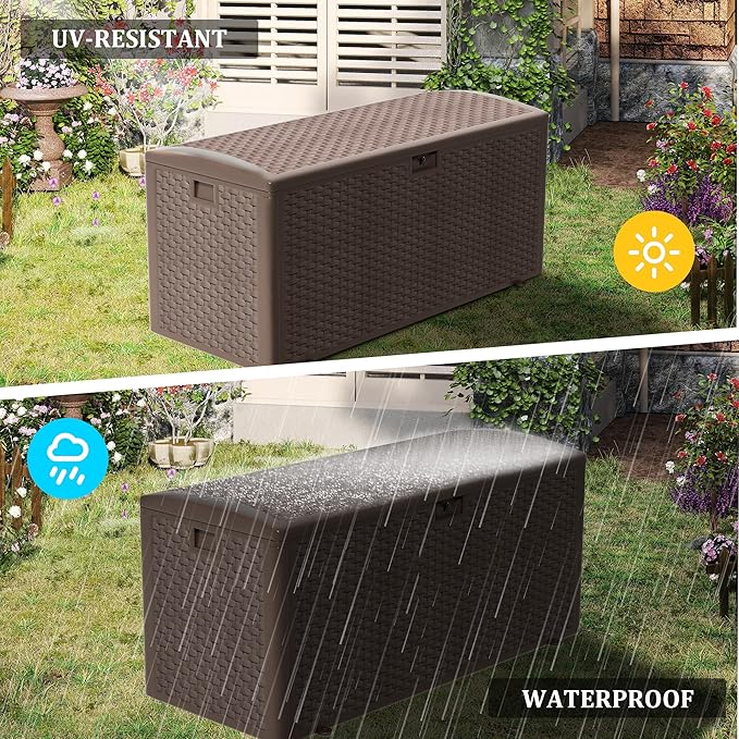 180 Gallon Pro Outdoor Storage Box Waterproof Lockable Resin Deck Box Large, Patio Storage Bin for Pool Accessories Cushion Furniture, Garden Tools, UV-Resistant Outside Delivery Brown-CasaMuseHome