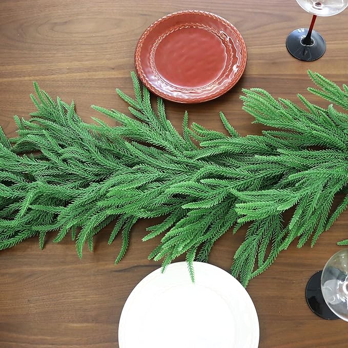 2PCS 9FT Christmas Garland Norfolk Pine Garland Real Touch Artificial Greenery Garland for Mantle Fireplace Table Indoor Outdoor Decor (Normal)-CasaMuseHome
