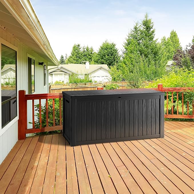270 Gallon Lockable Resin Deck Box, Waterproof & UV-Resistant Outdoor Storage Box for Outdoor Cushion Storage, Garden Tools & Pool Accessories Storage, Black-CasaMuseHome