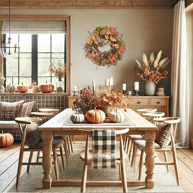 24" Fall Wreath for Front Door Handmade with Artificial Autumn Leaves, Natural Pinecones, Faux Berries and Wheat, Autumn Harvest Wreath Decoration for Home Farmhouse Door Wall Window Porch-CasaMuseHome
