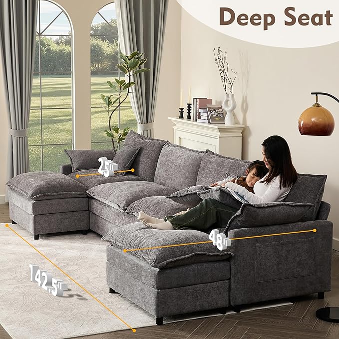 142.5" U Shaped Couch, Modular Sectional Sofa, 3-Seater Comfy Cloud Couch with Movable Ottoman, Deep Seat Couches for Living Room, Chenille, Slate-CasaMuseHome
