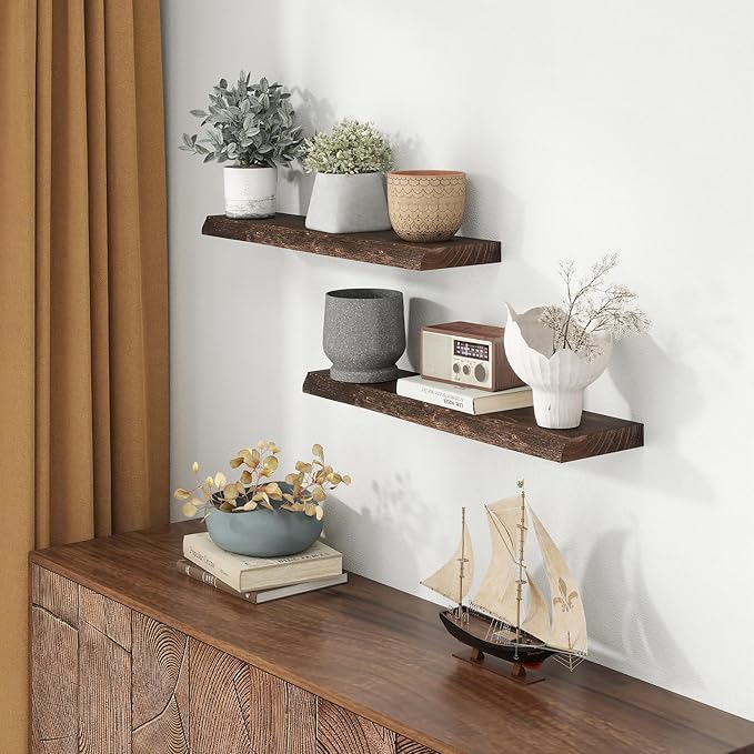 30" Floating Shelves, Live Edge Solid Elm Wood Floating Shelf, Wall Mounted Display Shelves with Heavy-Duty Bracket for Books, Rustic Wooden Shelf for Kitchen, Bathroom, Walnut Color, Set of 2-CasaMuseHome