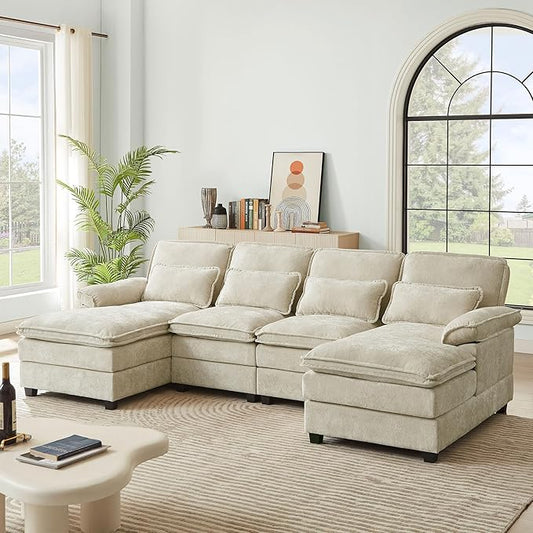 113" Oversized Cloud Couch, U Shape Sectional 4 Seat Sofa with Double Chaises, 2 Layer Cusions, Deep Seat Comfy Sofa, Upholstery Chenille Fabric for Living Room, Beige-CasaMuseHome