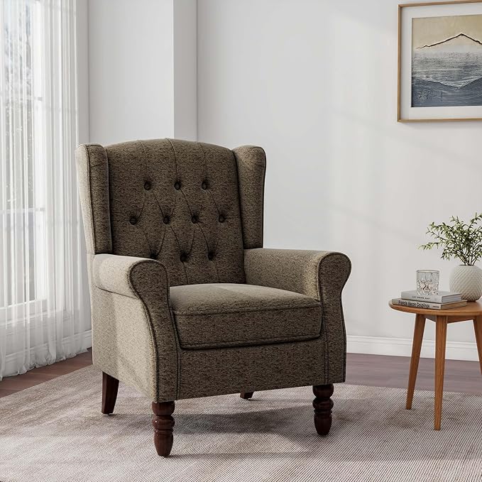 Accent Chair, Upholstered Armchair with Button Tufted High Back & Solid Wood Legs, Comfy Wingback Reading Single Sofa Chair for Small Spaces, Living Room, Bedroom (Taupe, Set of 1)-CasaMuseHome