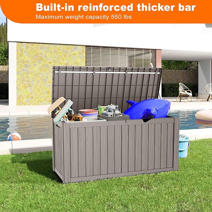 150 Gallon Resin Deck Box, Lockable Patio Outdoor Storage Box for Furniture, Garden Tools and Tools Storage, Waterproof Outside Storage Boxes - Grey-CasaMuseHome