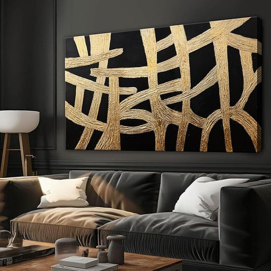 Abstract Wall Art Paintings Canvas Wall Art Decor Black And Gold Lines Artwork for Walls Texture Wall Decorations Modern Minimalist Wall Art Living Room Decor For Room Bedroom Office Wall Decor 24"X48"-CasaMuseHome