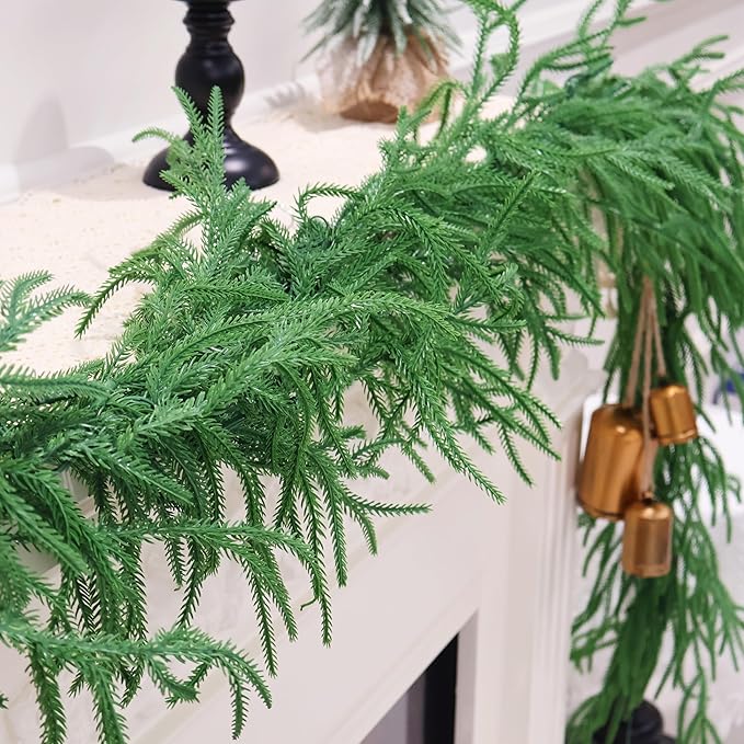 2PCS 9FT Christmas Garland Norfolk Pine Garland Real Touch Artificial Greenery Garland for Mantle Fireplace Table Indoor Outdoor Decor (Normal)-CasaMuseHome