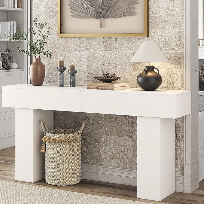 63 Inch Long Console Table for Entryway, Farmhouse Wood Rectangular Sofa Table Behind Couch Table, Narrow Entryway Table for Living Room, Entrance, Hallway, Foyer, Easy Assembly (Classic White)-CasaMuseHome