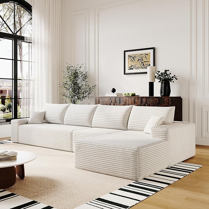 136" Sectional Couches for Living Room Modern Modular Sofa with L-Shape Couchs Upholstered Boneless Couch Deep Seat Sectional Couch with Chaise (White, Right Facing Chaise+3Seaters)-CasaMuseHome