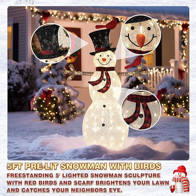 5FT Lighted Snowman with Birds for Christmas Decoration, 3D Pre-Lit Iridescent Snowman Xmas Decor with 90 LED Lights, Glittered Standing Holiday Display for Outdoor, Indoor-CasaMuseHome