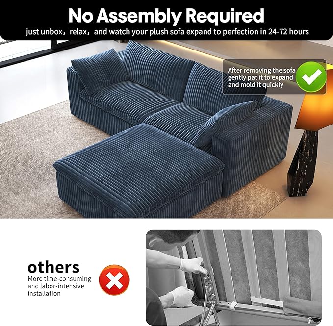 78.74" L Shaped Modern Sofa Modular Sectional Cloud Couch with Ottoman,Upholstered Couches with Plush Corduroy Fabric for Living Room Furniture,Bedroom and Apartment,No Assembly Required,Blue-CasaMuseHome