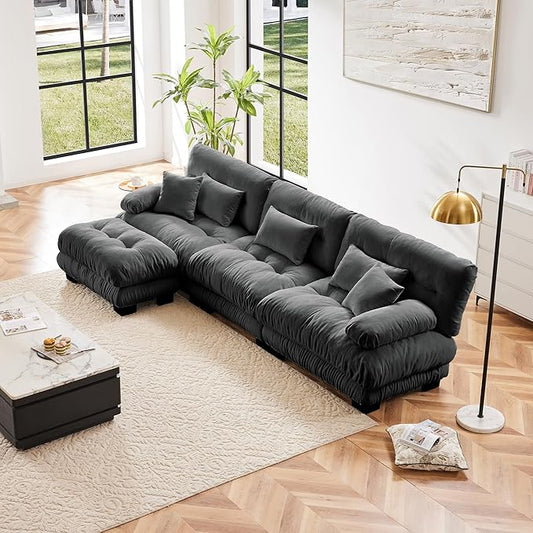 L Shaped Couch Sectional Couch, 3-Seater Cloud Couch Sectional Oversized Couch, Sofa Bed Couch with Round Bolster Armrests 5 Pillows, Modular Couch Home Sofa Living Room Couch(Gray)-CasaMuseHome