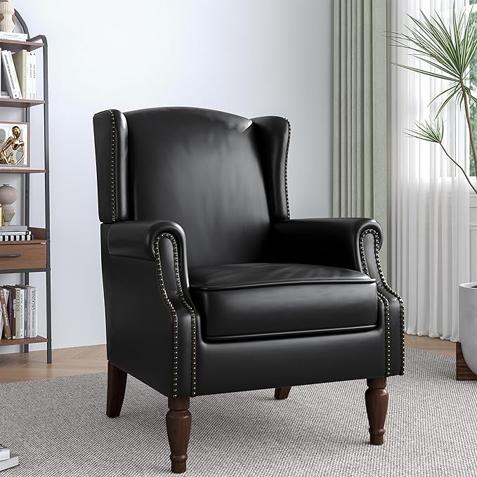 Accent Chair, Faux Leather High Back Armchair or Living Room, Comfy Upholstered Single Sofa Reading Chair with Solid Wood Legs for Office, Bedroom, Waiting Room-Black-CasaMuseHome