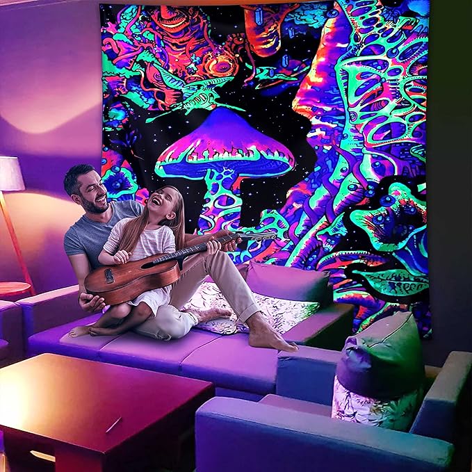 ADDWel Blacklight Mushroom Tapestry, Upright Tapestry Glow In The Dark, UV Reactive Black Light Tapestries Posters Wall Hanging for Backdrop Bedroom Dorm Living Room Decor(70"x90")-CasaMuseHome