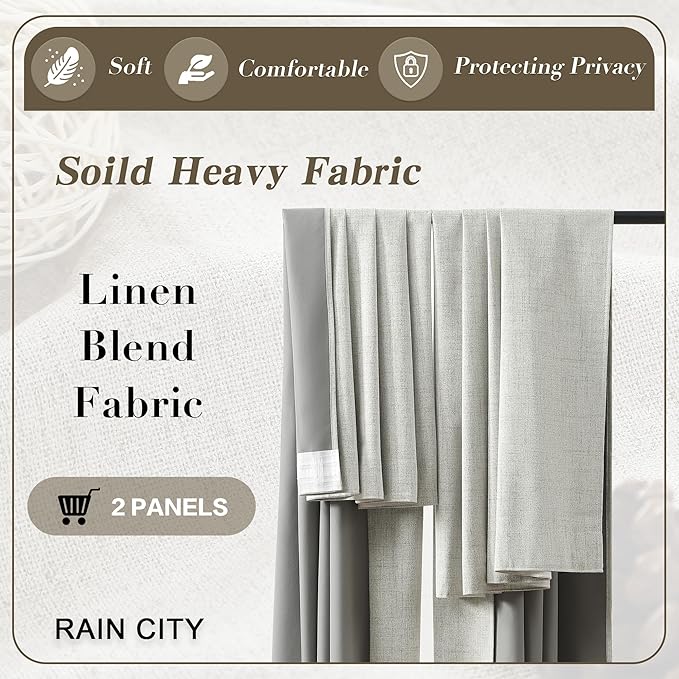92 Inch Long Curtains 2 Panels,Back Tab Hook Belt with Hooks,Modern Neutral French Style Pleat Look Soundprof Linen Drop Cloth Traverse Blackout Curtains for Living Room 50W x 92L Natural Cream-CasaMuseHome