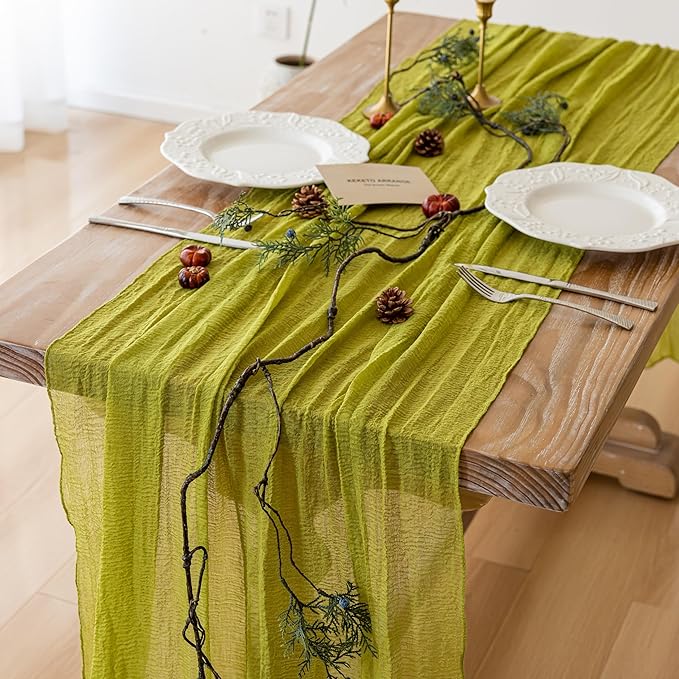 3pcs Moss Green Cheesecloth Table Runner Gauze 120 Inch 10 FT Rustic Boho Cheese Cloth Runner for Wedding Baby Shower Bridal Shower Birthday Party Long Sheer Home Decorations-CasaMuseHome