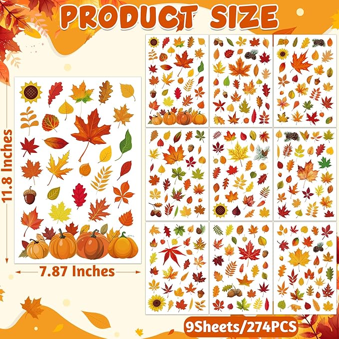 9 Sheets Fall Decorations, 274 PCS Fall Window Clings, Double Sided Autumn Stickers with Maple Leaves Pumpkin Nuts, Autumn Window Clings for Party Thanksgiving Decor Indoor Outdoor Accessories-CasaMuseHome
