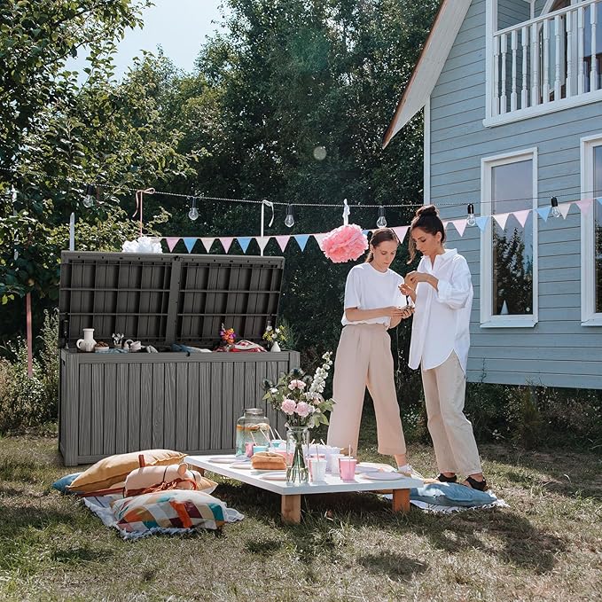 180 Gallon Deck Box,Resin Outdoor Storage Box with Lockable for Patio Furniture, Pool Accessories, Garden Tools Waterproof Outside Storage Box, Grey-CasaMuseHome