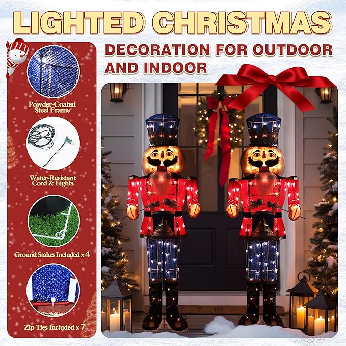 5FT Lighted Nutcracker with Drum for Christmas Decoration, Pre-Lit 3D Iridescent Soldier Xmas Decor with 100 Warm White Lights, Glittered Standing Holiday Display for Outdoor, Indoor-CasaMuseHome