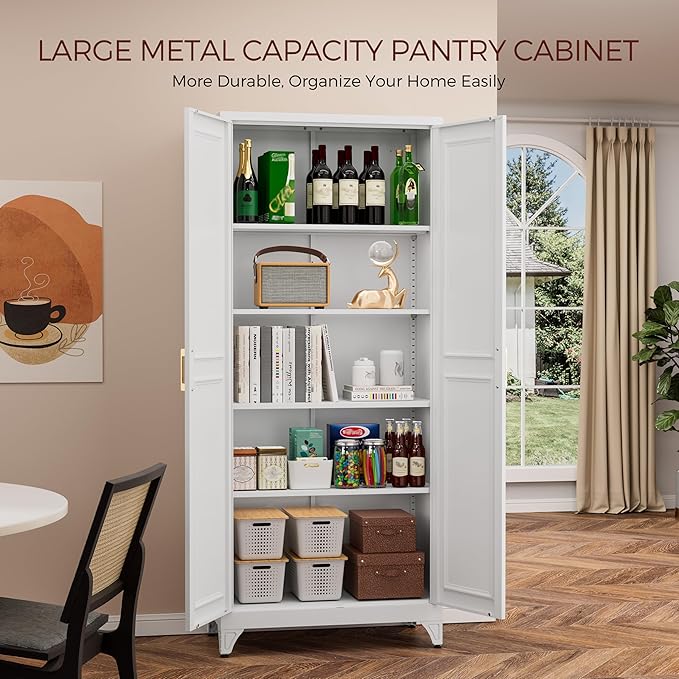 75" Kitchen Pantry Cabinet, White Metal Storage Cabinets with 2 Doors and 4 Adjustable Shelves, Tall Pantry Storage Cabinet for Kitchen, Dining Room, Living Room-CasaMuseHome