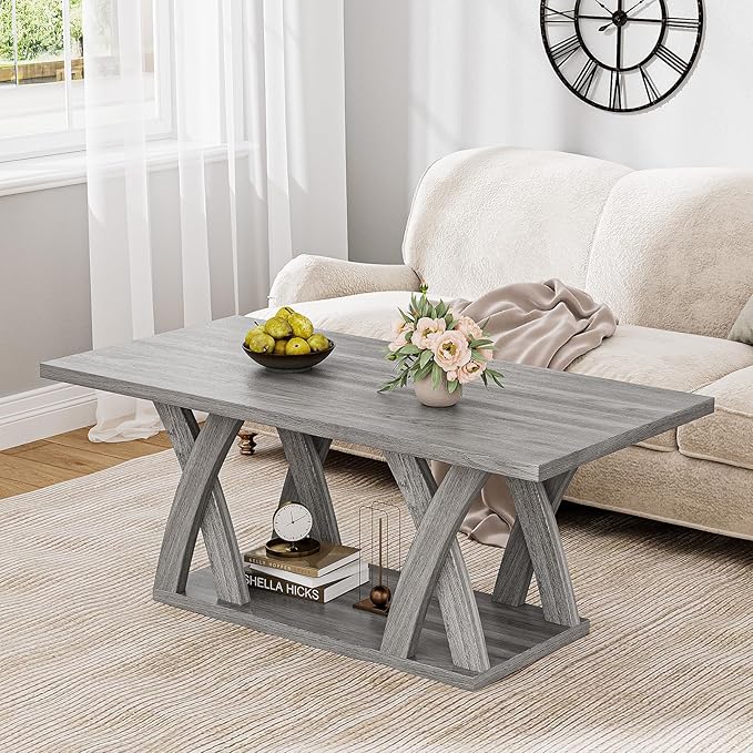 47” Wood Coffee Tables for Living Room Rustic Stands with Storage Shelf Grey Coffee Tables for Living Room Farmhouse Center Stands with Shelf Farmhouse Rectangle Center Table-CasaMuseHome