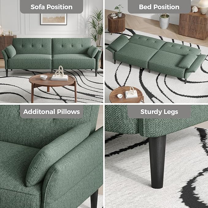 89” Futon Sofa Bed, Linen Comfy Futon Couch Bed with 2 Square Pillows, Convertible Sleeper Sofa with Adjustable Backrest& Armrests, Modern Loveseat Sleeper for Living Room, Bedroom, Green-CasaMuseHome