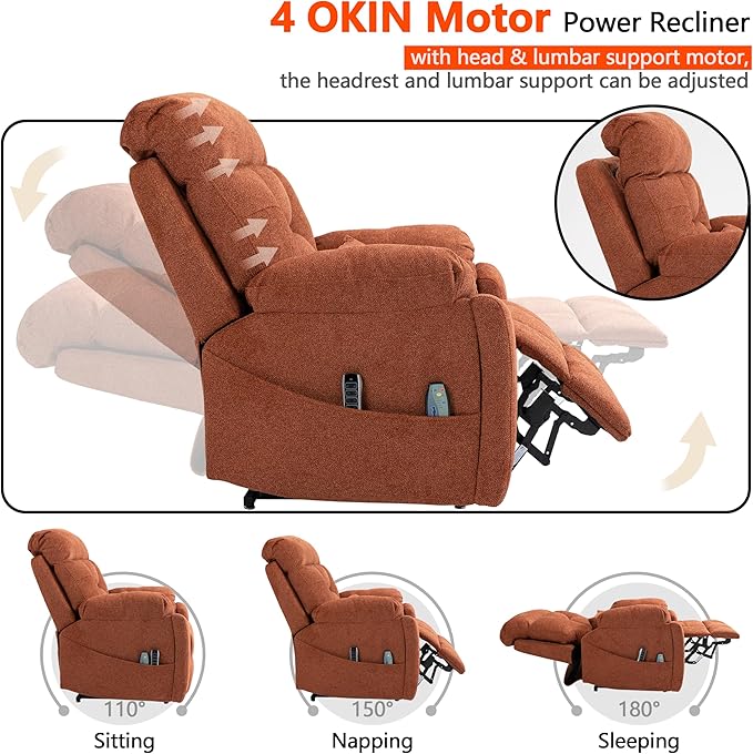 4 OKIN Motor Power Lay Flat Lift Recliner Chair for Elderly Adults Extra Large Recliners with Massage Heat, Adjustable Head-Back-Lumbar-Leg-Support, Extended Footrest, 2 Cup Holders-CasaMuseHome